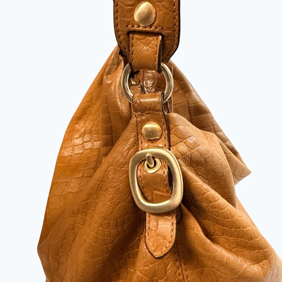 Michael Kors Brown Croc Embossed Leather Hobo Shoulder Bag Gold Hardware